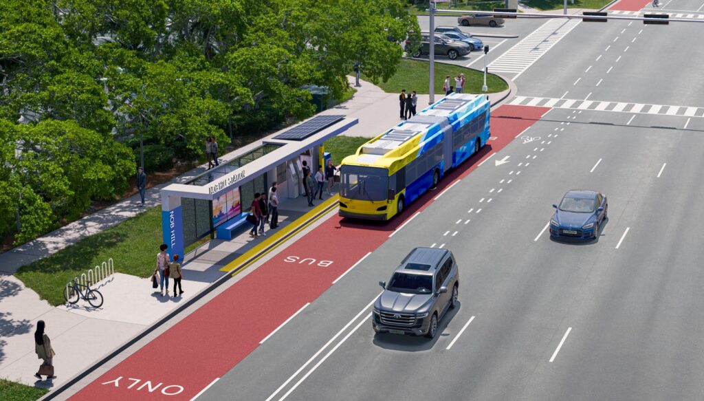 Rendering of a street with cars and a bus
